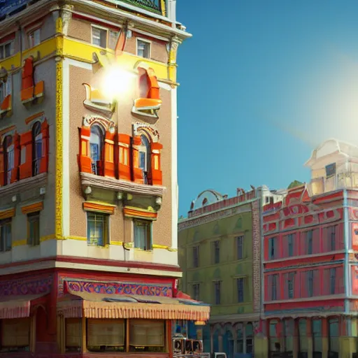 Prompt: wes anderson building facade highly detailed, photo, artstation, 3 d render, sharp focus, art by freddy mamani silvestre, and alphonse mucha, 8 k, ultra realistic, lens flare, glow, soft lighting, hyperrealistic, unreal engine