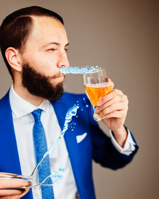 Image similar to photography of a fancy gentleman eating a toast with blue liquid spread over it,