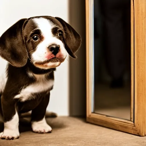Image similar to a sad puppy staring at its own reflection in the mirror