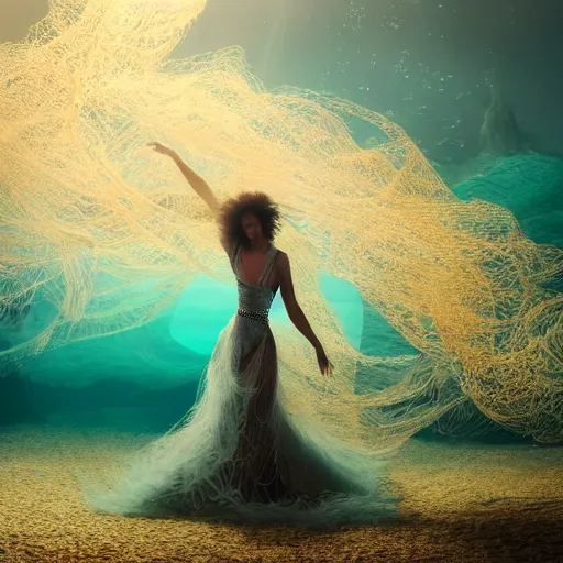 Prompt: woman dancing underwater wearing a long flowing dress made of many translucent layers of silver and gold lace seaweed, bolts of bright yellow fish, delicate coral sea bottom, swirling silver fish, swirling smoke shapes, unreal engine, caustics lighting from above, cinematic, hyperdetailed