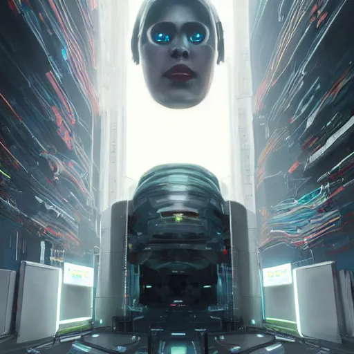 Image similar to professional painting of monumental conscious supercomputer with huge - cybernetic - face!!!! in the center of endless colossal room talking with small people, trending on artstation, cyberpunk, sci - fi, futuristic, by greg rutkowski and maciej kuciara, high quality