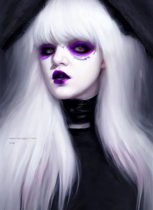 Image similar to portrait of white teenage girl, normal face, white bangs, mall goth, cyberlox, black and white hair, bangs, fluffy bangs, red contact lenses, purple lipstick, intricate, elegant, highly detailed, digital painting, artstation, concept art, sharp focus, smooth, illustration, art by wlop, mars ravelo and greg rutkowski