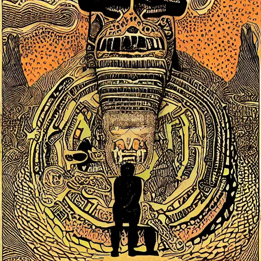 Image similar to illustration of mayan jaguar warrior, resolved, showing conviction or humor by a gloomy silence or reserve, by studio multi and victo ngai, malika favre, william s burroughs, cut up film