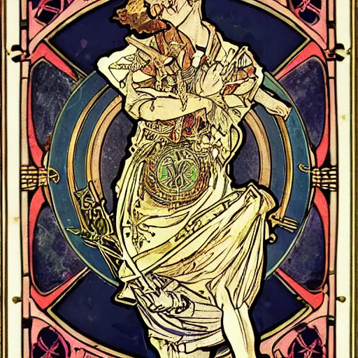 Image similar to tarot card the foolfull body portrait by william morris and alphonse mucha and stephen bliss, trending pixiv fanbox, gold inlay, skulls and roses, shiny, glow, raytracing dynamic light sources