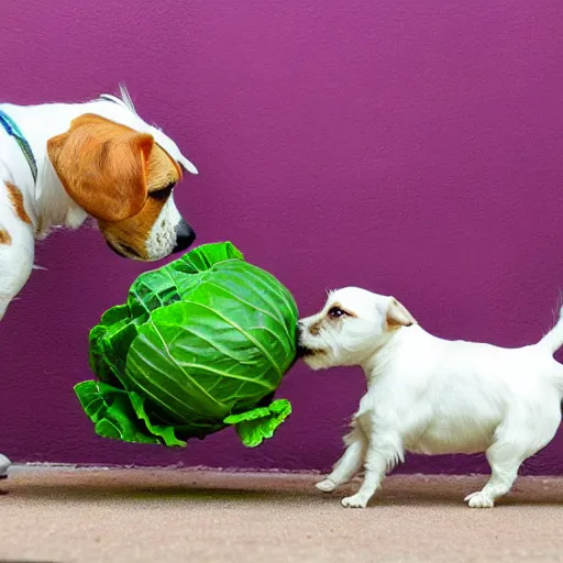 Prompt: cyborg cabbage fights jack russell terrier