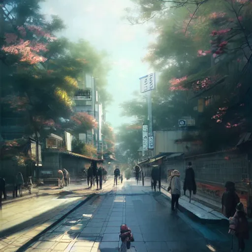 Image similar to walking from naka - meguro, tokyo. volumetric lighting, spring late morning, nice slight overcast weather, realistic illustration, perfectly shaded, soft painting, art by krenz cushart and wenjun lin