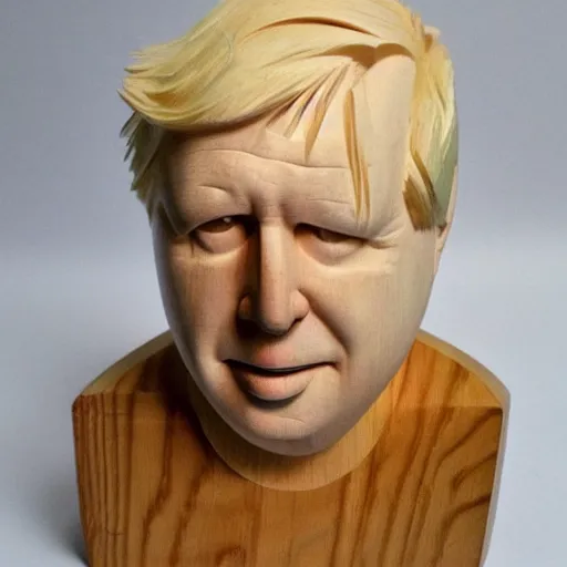 Prompt: wooden sculpture of boris johnson, polished maple, thoughtful, elegant, real
