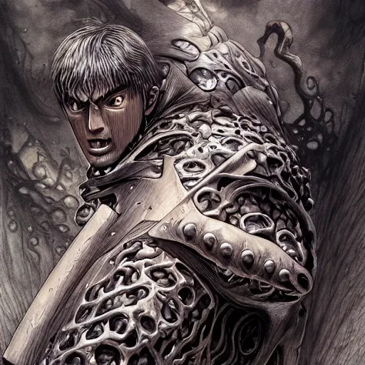 Prompt: low angle shot of a guts from berserk by kentaro miura, intricate, elegant, highly detailed, centered, digital painting, artstation, concept art, smooth, sharp focus, illustration, artgerm, Tomasz Alen Kopera, Peter Mohrbacher donato giancola, Joseph Christian Leyendecker, WLOP, Boris Vallejo, kentaro miura style,