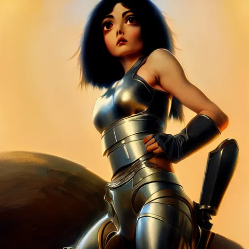 Prompt: battle angel Alita, dark fantasy, medium shot, intricate, elegant, highly detailed, digital painting, volumetric light, artstation, concept art, smooth, sharp focus, illustration, art by Gil Elvgren and Greg Rutkowski and Alphonse Mucha