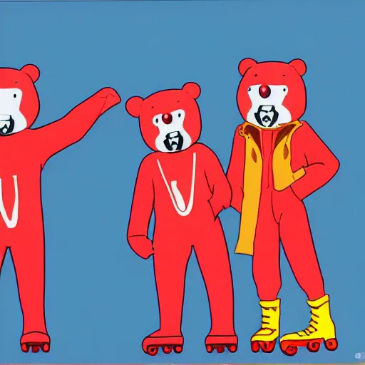 Image similar to happybears!, humanoid bears, bear costumes, happy faces, evil happy faces, rollerblading, rollerskates, four humanoid bears, 2 0 0 1 anime, flcl, golden hour, japanese town, cel - shaded, strong shadows, vivid hues, y 2 k aesthetic