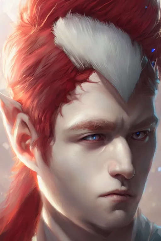 Image similar to young fairy prince, red hair, white eyes, highly detailed, d & d, fantasy, highly detailed, digital painting, trending on artstation, concept art, sharp focus, illustration, art by artgerm and greg rutkowski and fuji choko and viktoria gavrilenko and hoang lap