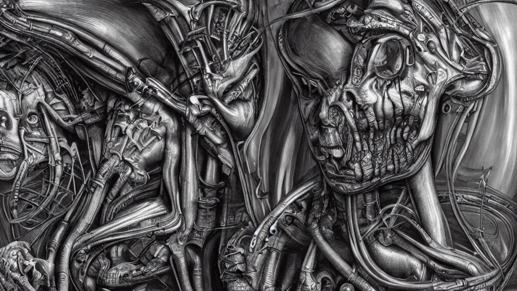Prompt: Beating heart of the internet, anatomy, style of Giger, H. R. GIGER, 4K, highly detailed