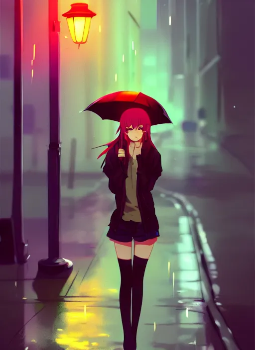 Prompt: listening to music at 2 am, night, pretty girl, pose, rain, lofi, lofi, peaceful, street light, anime key visual, poster, street wears, anime, by wlop, high quality, 4 k, trending, trending on artstation