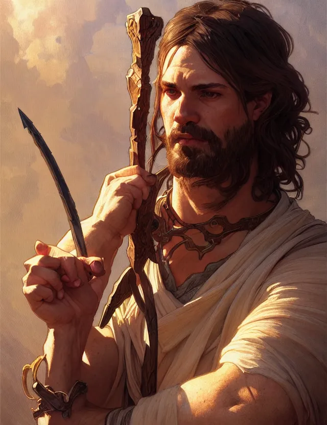 Image similar to portrait of cain from genesis holding a spear, headshot, intricate, highly detailed, digital painting, artstation, concept art, sharp focus, cinematic lighting, illustration, art by artgerm and greg rutkowski, alphonse mucha, cgsociety