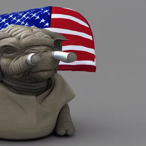 Prompt: elephant yoda patriot potus, modern art placed in a large living room, art designers magazine HD photo superrealism 3d 8k resolution