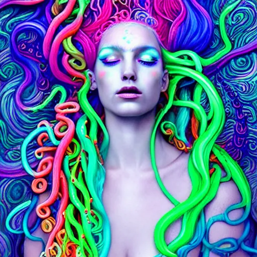 Image similar to A sea goddess with neon tentacles hair having an extremely colorful psychedelic experience, warping time and space, magic mushrooms, psilocybin, LSD, face, detailed, intricate, elegant, highly detailed, digital painting, artstation, concept art, smooth, sharp focus, illustration, art by Krenz Cushart and Artem Demura and alphonse mucha, Octane render, unreal engine, 8K