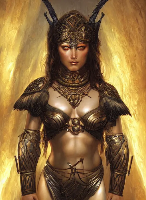 Image similar to a highly detailed symmetrical painting of a female amazon warrior with piercing beautiful eyes in dark tomb setting, dynamic lighting, ambient lighting, deviantart, art by artgerm and karol bak and mark brooks