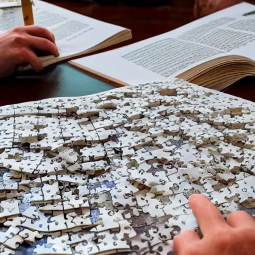 Image similar to Photograph of a book being constructed out of pieces like a giant puzzle