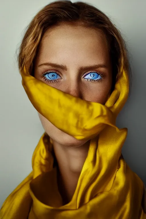 Image similar to a beautiful girl with beautiful cold blue eyes, standing in a dark room under the bright lighting of cold lamps, in bright yellow silk clothes golden ratio, by lee jeffries, medium close - up, perfect composition, dramatic, medium close - up ( mcu ), cannon ef 6 5 mm f / 2. 8