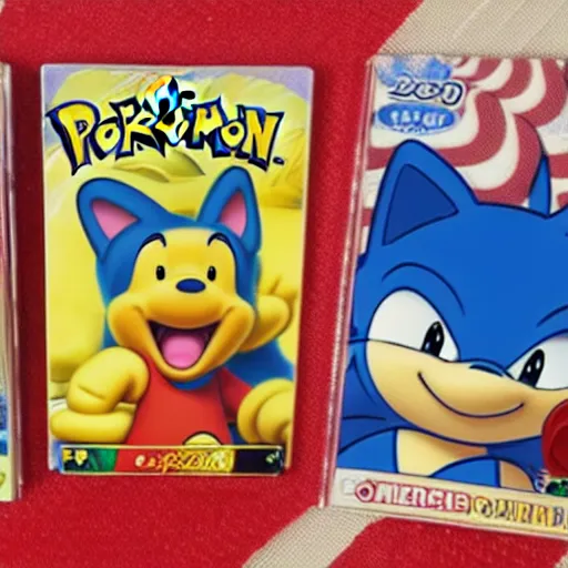 Image similar to photograph of winnie the pooh and super mario and sonic the hedgehog anime style, on pokemon card packs at target