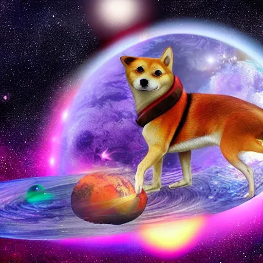 Image similar to winged shiba in space, wonderful planets, digital art, 4 k, realistic, vivid colors