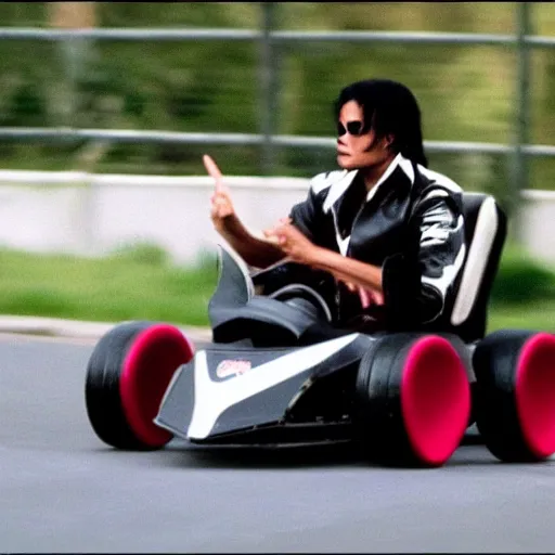 Prompt: photo of Michael Jackson driving a go kart 2002