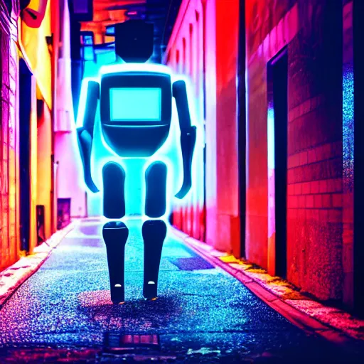 Prompt: cyberpunk robot walking alone down a deserted city street, neon lights, blue and pink lighting, Nikon 50mm camera,