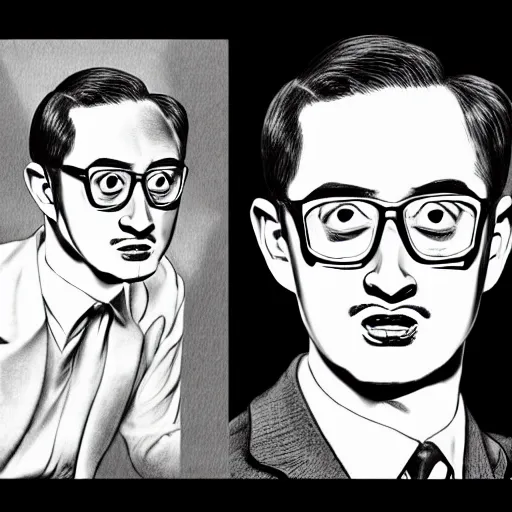 Image similar to A 1950s Style Comic-Like Drawing of Filthy Frank, grainy, realistic, hyperrealistic, very realistic, very very realistic, highly detailed, very detailed, extremely detailed, detailed, digital art, trending on artstation, detailed face, very detailed face, very detailed face, realism, HD Quality, 8k resolution, intricate details, body and head in frame, drawing, inked drawing, comic drawing, neat drawing, 1950s, 50s, in the style of Frank Hampson, in the style of Frank Bellamy, in the style of Dave Gibbons, in the style of Don Lawrence, in the style of Wally Wood