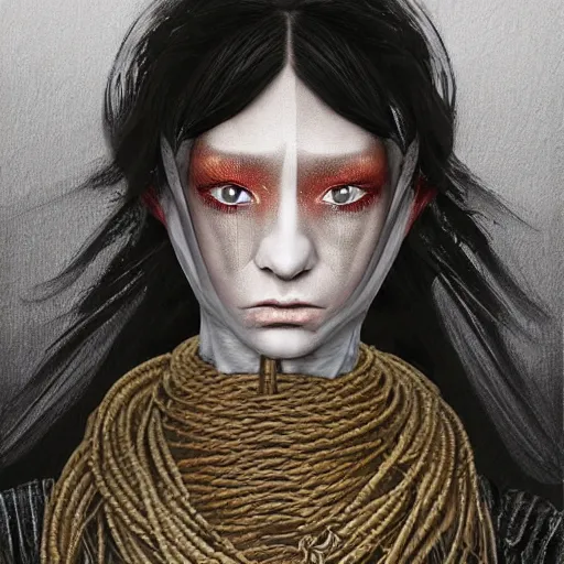 Image similar to portrait of a Shibari rope wrapped face and neck, headshot, insanely nice professional hair style, dramatic hair color, digital painting, of a old 15th century, young cyborg Rubber Nun, amber jewels, baroque, ornate clothing, scifi, realistic, hyperdetailed, chiaroscuro, concept art, art by Franz Hals and Jon Foster and Ayami Kojima and Amano and Karol Bak,