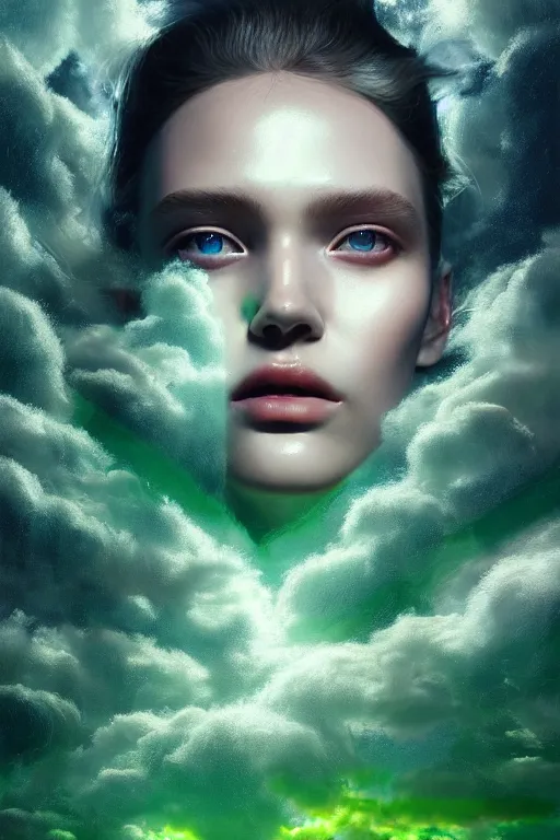Prompt: 3 d, close - up, clouds, moon rays, frown fashion model, night, liquid silver and green water, vogue cover style, poster art, hyper detail, intricate oil painting, multiple exposure, morning mood, 3 d, by tooth wu and wlop and beeple and greg rutkowski