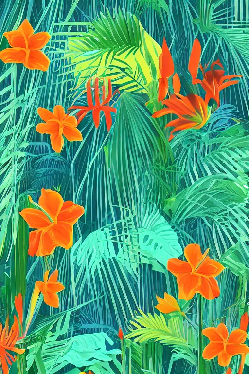 Image similar to moody vector illustration of tropical flowers and green reeds, multiple cohesive colors ranging from warm blues to bright oranges on a ((very dark background)), 4K resolution