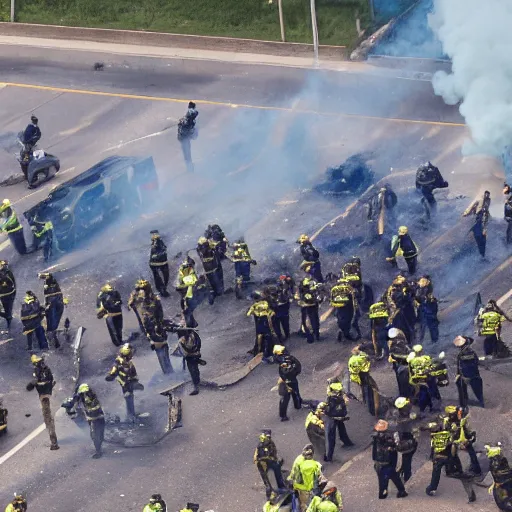 Prompt: a massive riot fire looting police running cars burning aerial footage