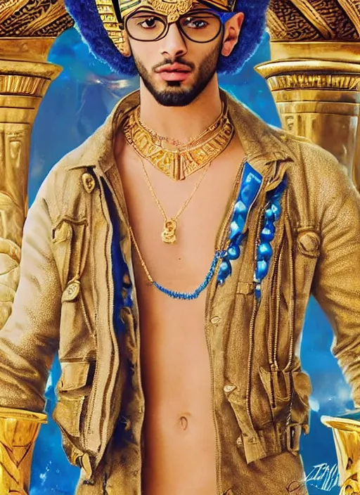 Prompt: muscular Egyptian king Zayn Malik wearing blue-tinted sunglasses and a heavy bejeweled gold crown with blue diamongs on his head while shirtless and wearing a heavy gold blue diamond chain around his neck, blue diamonds, a white falcon on his shoulders, steelpunk, ghibli studio, nekro, Tom Bagshaw, Craig Mullins, octane 8k, by brian froud, Trending on ArtStation