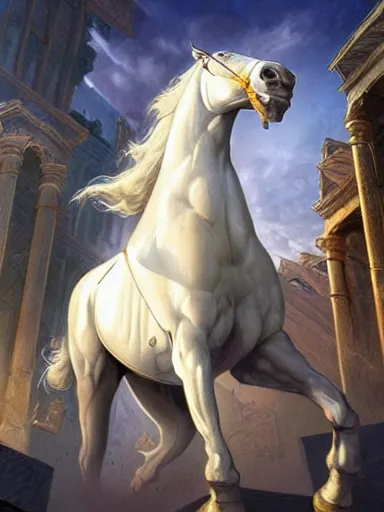 Image similar to a olimpic hero from ancient times, entering triunphantly a city mounted in a white horse. full of pride. victorirous. prideful.. intricate, elegant, highly detailed, digital painting, artstation, concept art, sharp focus, illustration, by justin gerard and artgerm, 8 k