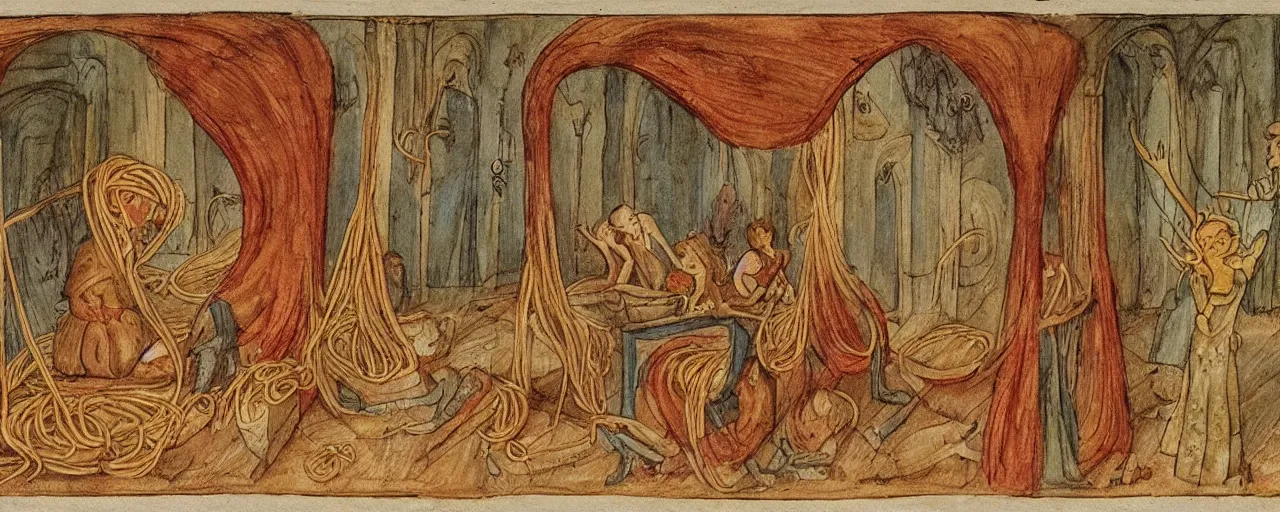 Prompt: ancient manuscripts detailing spaghetti, in the style of grimm's fairytales, fine detail, kodachrome