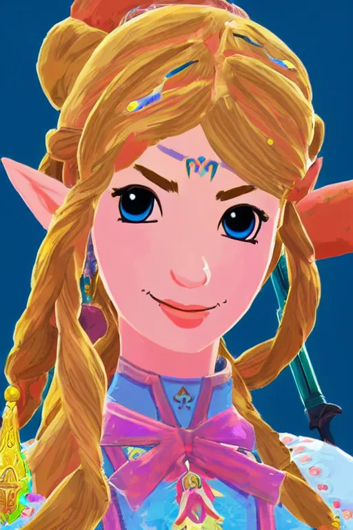 Image similar to an in game portrait of princess peach from the legend of zelda breath of the wild, breath of the wild art style.