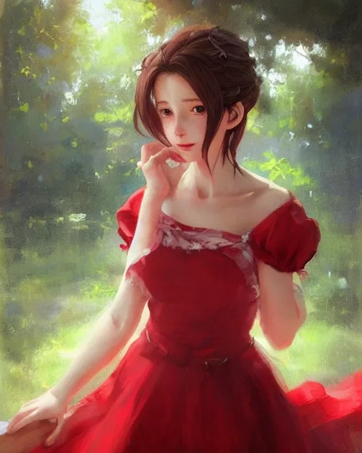 Prompt: aerith gainsborough in red cottagecore dress, portrait, illustration, rim light, top light, perfectly shaded, spring time, slight overcast lighting, soft painting, art by krenz cushart and wenjun lin