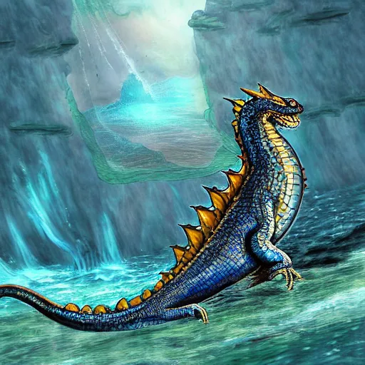 Image similar to a water dragon getting out of the ocean, digital art, fantasy art