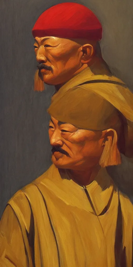 Image similar to a stunning and noble highly detailed portrait of genghis khan by edward hopper, trending on artstation, oil painting masterpiece, symmetry, mysterious, very very very aesthetic