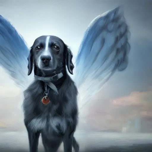 Image similar to an oil painting of a dog with wings, hd, hdr, ue 5, ue 6, unreal engine 5, cinematic 4 k wallpaper, 8 k, ultra detailed, high resolution, artstation, award winning