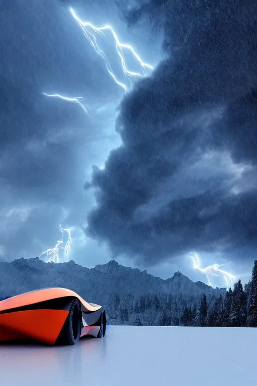 Image similar to a futuristic scene in front of a zaha hadid building in the forrest of the french alps in the style of chris moore, stormy weather with lightning, cinematic matte painting, extreme detail 8 k photo quality, orange lasers, snowfall, featured on behance