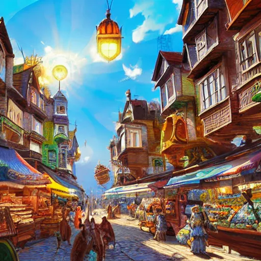 Prompt: bright fantasy medieval city, blue sky, busy market street, highly detailed and intricate 8 k concept art fantasy illustration