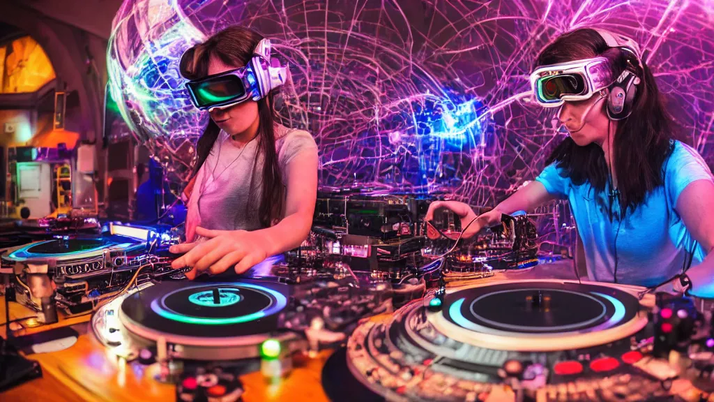 Image similar to a woman wearing goggles and visor and headphones using an intricate clockwork record player turntable contraption, wires and tubes everywhere, turntablism dj scratching, intricate planetary gears, cinematic, imax, sharp focus, led light strips, bokeh, iridescent, black light, fog machine, hazy, computer screens, lasers, light trails, hyper color photograph