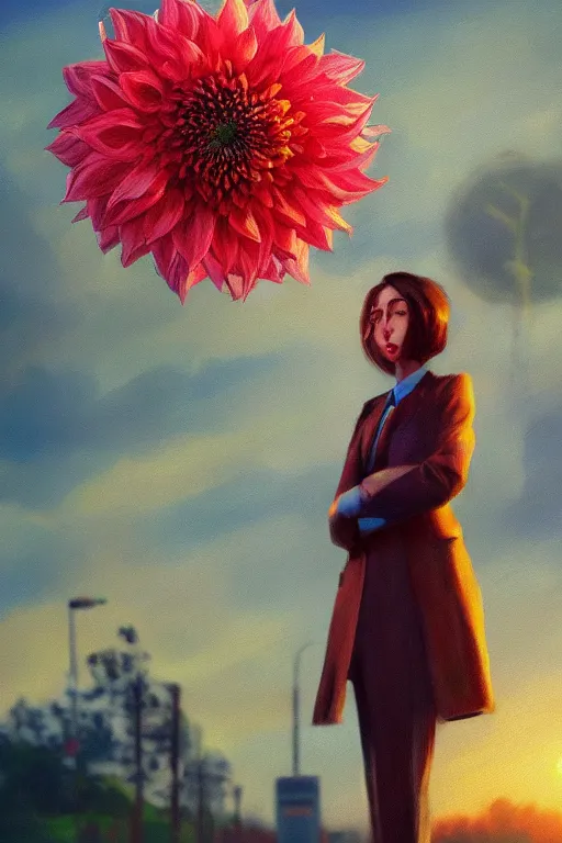 Image similar to closeup giant dahlia flower head, frontal, girl in a suit, standing in street, surreal photography, sunrise, dramatic light, impressionist painting, digital painting, artstation, simon stalenhag