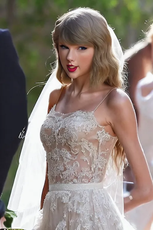 Image similar to waist - up - shot!!!!!!!!!!!! of taylor swift in a beautiful wedding dress, focus on face and facial details. ( ( ( ( ( ( head - shot ) ) ) ) ) )