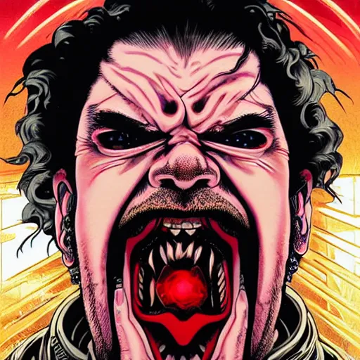 Prompt: portrait of crazy screaming post malone with red eyes like hal 9 0 0 0, as vampire, symmetrical, by yoichi hatakenaka, masamune shirow, josan gonzales and dan mumford, ayami kojima, takato yamamoto, barclay shaw, karol bak, yukito kishiro