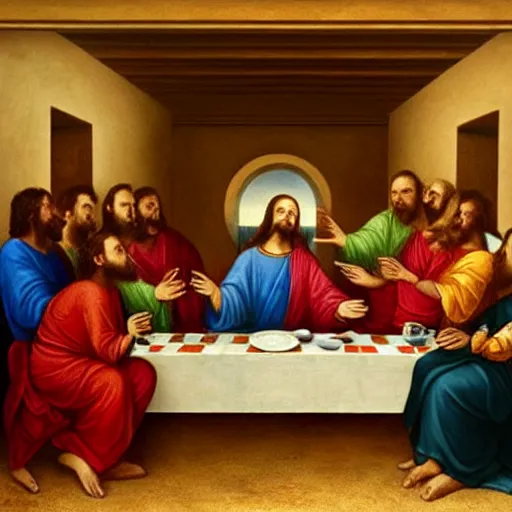 Prompt: The Last Supper with Elon Musk, oil painting masterpiece,