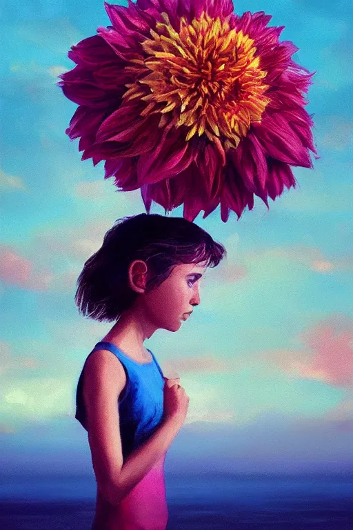 Image similar to closeup girl with huge dahlia flower head, portrait on beach, surreal photography, blue sky, sunrise, dramatic light, impressionist painting, digital painting, artstation, simon stalenhag