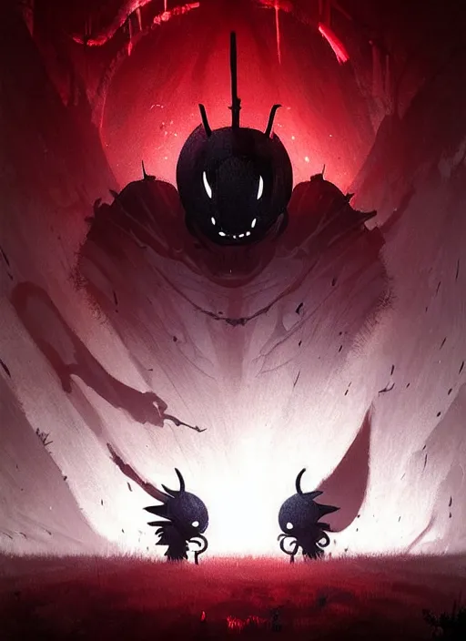 Prompt: horror art, hollow knight, red peaks with arms in the background, art by greg rutkowski
