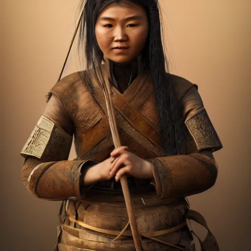 Image similar to a portrait of a female Mongolian warrior, rustic and weathered, holding a bow, retro, with a scar on her face. trending on artstation, ambient lighting, 4k render, ultra hd, behance art